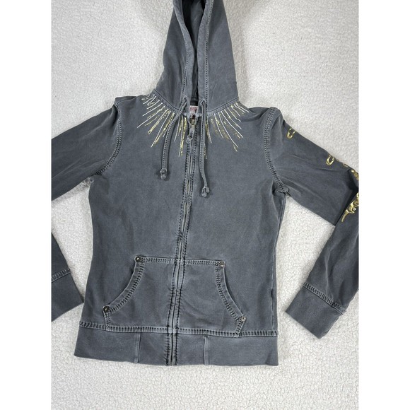 True Religion Women’s Size Medium Gray/Gold Classic Full Zip Hoodie Jacket - Picture 2 of 10